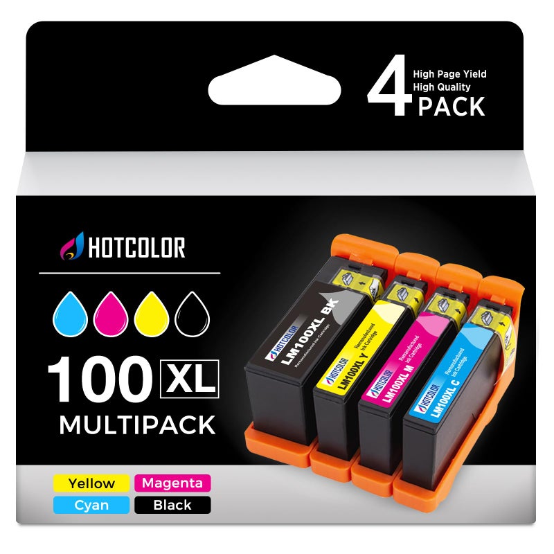 Hotcolor خراطيش حبر HOTCOLOR متوافقة مع Lexmark 100XL لطابعات Lexmark s301 S305 S605 S405 S505 Pro901 Pro905 Pro805 Pro705 Pro205 Pro206 Pro207 S815 S816 (أسود، أزرق، أرجواني، أصفر، 4 عبوات) - Image 1